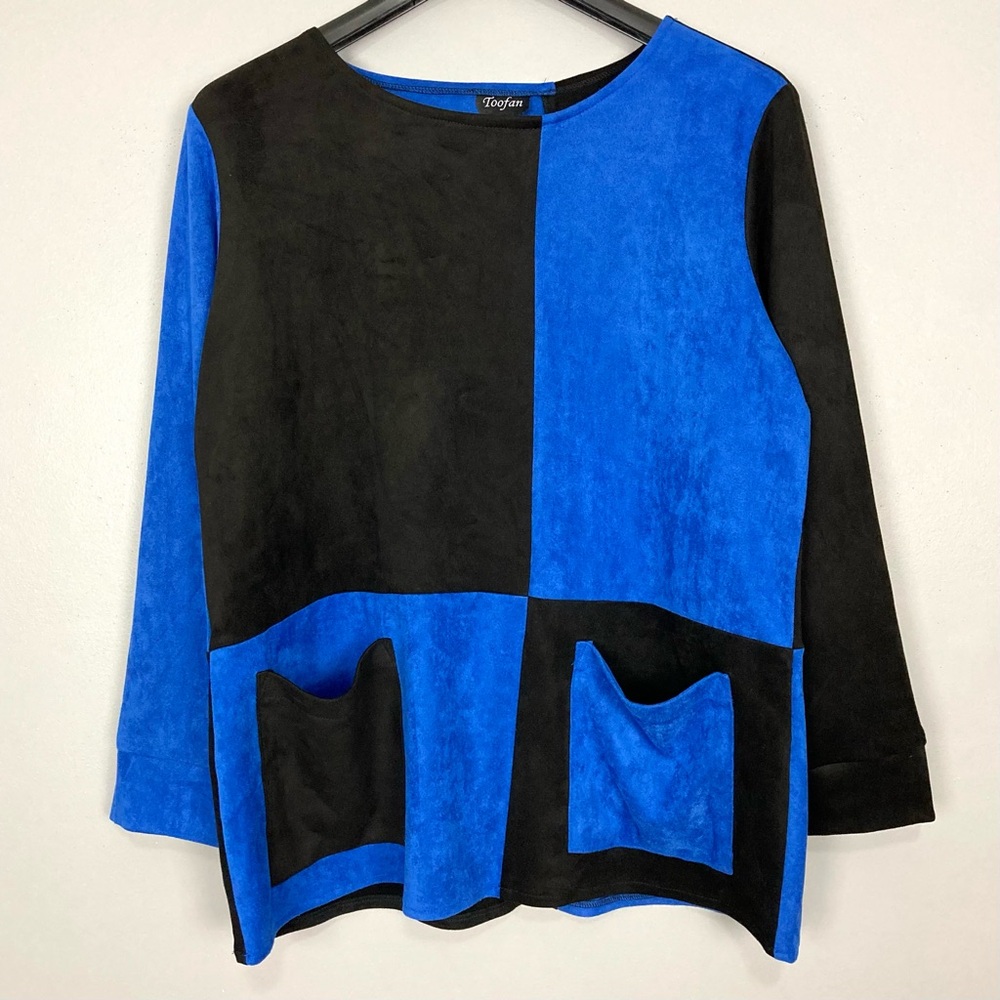 Toofan Faux Suede Colorblock Tunic Top Women’s Size M Oversized Pockets A-Line